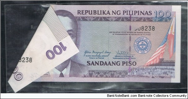 100 Pesos Gloria Arroyo Administration Error Folded Serial Banknote