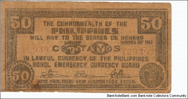P134e 1 of 2 Bohol 50 centavos notes with same serial numbers. Banknote