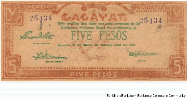 P-191x Cagayan 5 Peso counterfeit note. Banknote