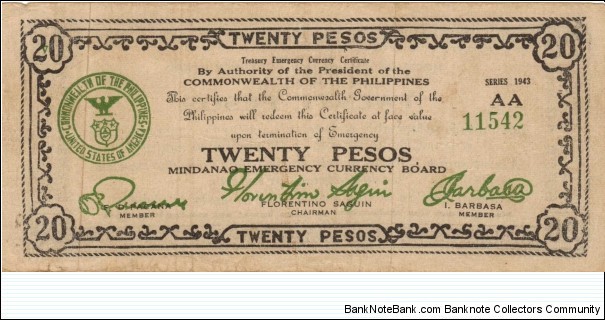P-499a Mindanao 20 Pesos note. Banknote