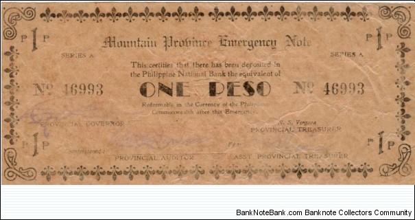 P-601 Mountain Province 1 Peso note with no printing on reverse. Banknote
