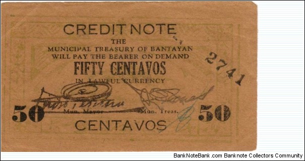CEB-154 VERY RARE Bantayan, Cebu 50 centavos Credit Note. Banknote