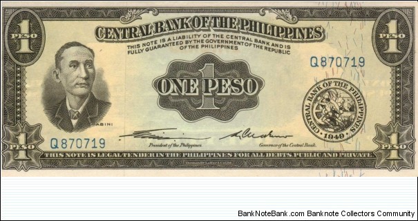 P-133a Central Bank of the Philippines English Series 1 Peso Genuine note, Prefix Q/ Banknote