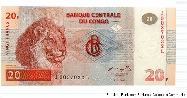 20 Francs 
1.11.1997 (1998). Brown-orange and red-orange on multicolor underprint. Male lion's head at left. Bank monogram at center. Back: Lioness lying with two cubs at center right. Watermark:Single Okapi head or multiple heads repeated vertically. Printer:NBBPW.
 Banknote