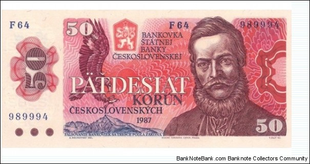 50 Korun  
1987. Brown-violet and blue on red and orange underprint. Ludovít Stúr at right, shield and spotted eagle at right. Back: Bratislava castle and town view. Printer: STC-Prague.
a. Series prefix: F.
 Banknote