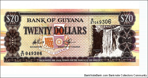 20 Dollars  
ND (1996). Brown and purple on multicolor underprint. Map of Guyana at right, bank arms at center. Ascending size serial number at upper right. Signature 10; 11; 12. Back: Shipbuilding at left, ferry Malali at right. Design element in colored border at left and rig Watermark: Macaw's (parrot) head.
 Banknote