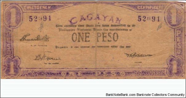 S-186 Cagayan 1 Peso note with eagle print missing from front. Banknote