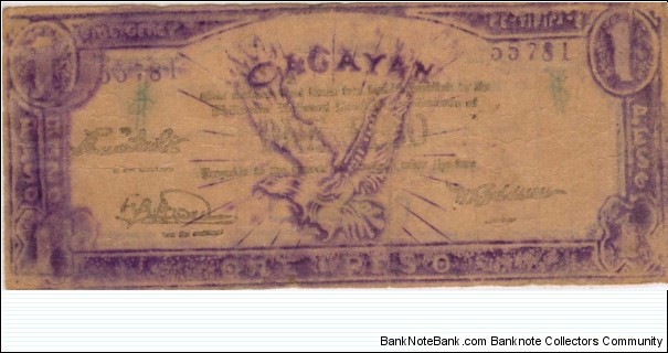 S-186 Cagayan 1 Peso note with upside down print from another note on front. Banknote