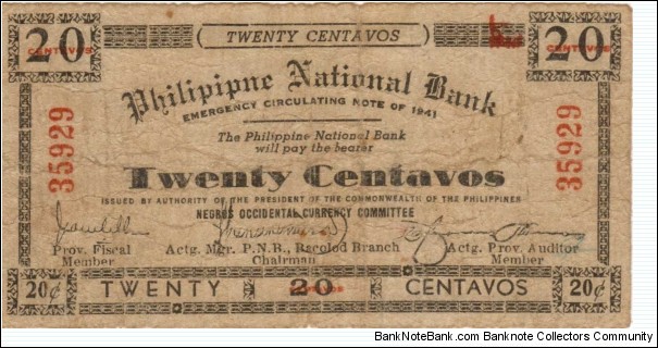 S-622x Philippine National Bank Negros Occidental 20 Centavos note with Philippine misspelled in the heading, first s in issue on reverse offset. Banknote