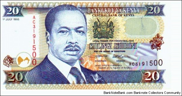 20 Shillings 
Dark blue on multicolor underprint. President Daniel Toroitich Arap Moi at left center, arms at upper center right. Ascending size serial number. Back: Baton at left, Moi Int'l Sports Complex at left center, runner at center right. Watermark: Lion head facing. Segmented foil over security thread.
 Banknote