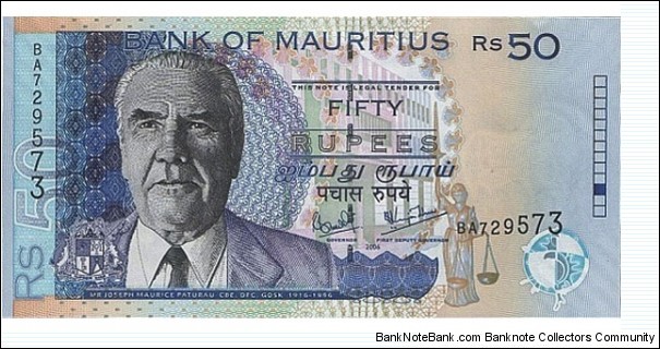 50 Rupees  
1999; 2001; 2003. Black, purple and deep blue on multicolor underprint. J. M. Paturau at left, arms at lower left, building facades at center, standing Justice with scales at lower right in underprint. Ascending size serial number. Signature 7. Back: Building complex at center right. Watermark: Dodo bird's head
 Banknote