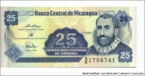 25 Centavos  
ND (1991). Blue on pale green and multicolor underprint. F. H. Córdoba at right. 2 signature varieties. Back: Arms at left, flower at right. Printer: Harrison. UV: fibers and value 25 fluoresce yellow
 Banknote