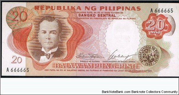 20 PESOS PHILIPPINES PILIPINO SERIES
MARCOS - CUADERNO SIGNATURE
 Banknote