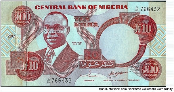 Nigeria 2001 10 Naira.

Ink smudges & overinked serial numbers. Banknote