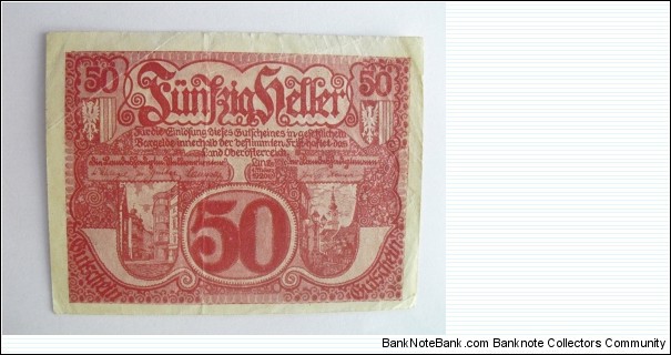 Austrian notgeld. Year: 1920. Value: 50 heller.  Banknote