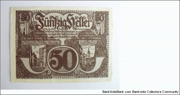 Austrian notgeld. Year: 1920. Value: 50 heller.  Banknote