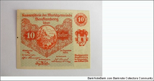 Austrian notgeld. Year: 1920. Value: 10 heller.  Banknote