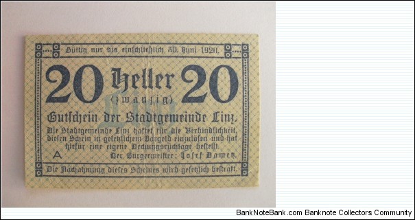 Austrian notgeld. Year: 1920. Value: 20 heller.  Banknote