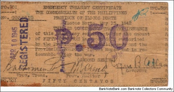S-285 RARE Province of Ilocos Norte Philippines 50 Centavos note. Banknote
