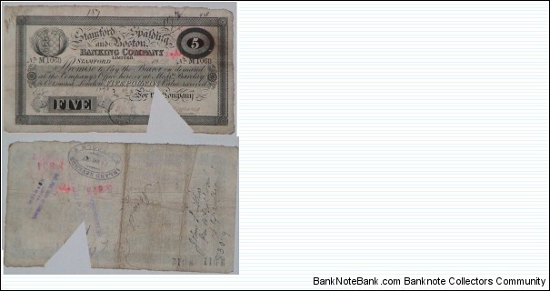 Stamford Spalding & Boston Bank. Provincial note. 5 Pounds. Cancelled note.  Banknote