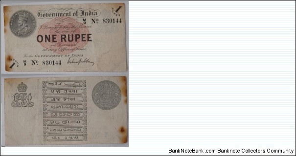 British India. 1 Rupee. MS Gubbay signature. George V. Banknote