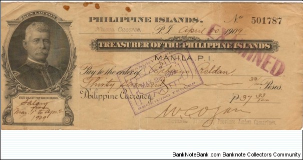 Treasurer of the Philippine Islands General Lawton Check. Banknote
