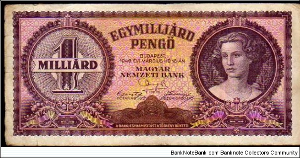 1.000.000.000 Pengö__pk# 125__18.03.1946__serial R 293 / 004931 Banknote