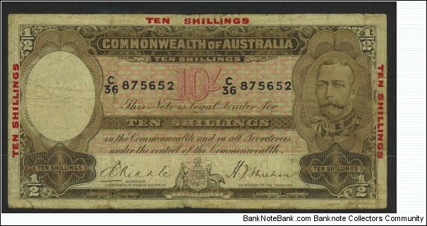 1934 10 Shilling Note with Ridle & Sheehan signatures. Overprinted with 