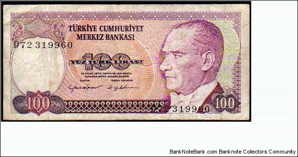 100 Türk Lirası__pk# 194 b__Watermark: Head large, bust facing 3/4 right Banknote