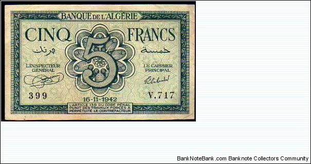 5 Francs__pk# 91__16.11.1942__serial 399-V.717 Banknote