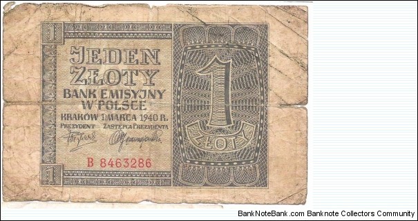 1 Zloty(Nazi Occupation) Banknote