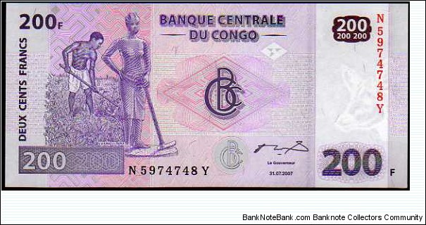 *DEMOCRATIC REPUBLIC*__200 Francs__pk# New__31.07.2007 Banknote