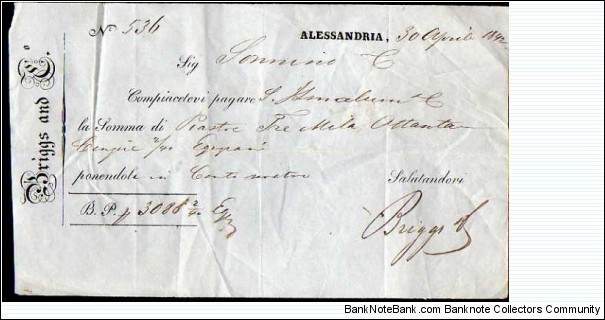*Kingdom of Egypt*__
Cheque__
3086,2/40__
30.04.1842__
Alexandria__
Italian Text  Banknote