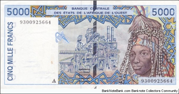 West African States (Cote d'Ivoire)  P113Ab (5000 francs 1993) Banknote