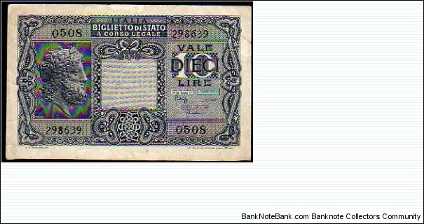 10 Lire__pk# 32 c__Royal Decree 20.05.1935
Ministerial Decree 23.11.1944__signatures: Bolaffi / Cavallaro / Giovinco Banknote