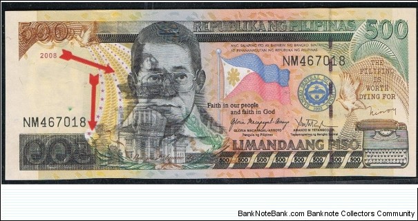 500 Pesos Phlippine Bank note Error
Reverse Print is Visible on the Obverse side of the note Banknote