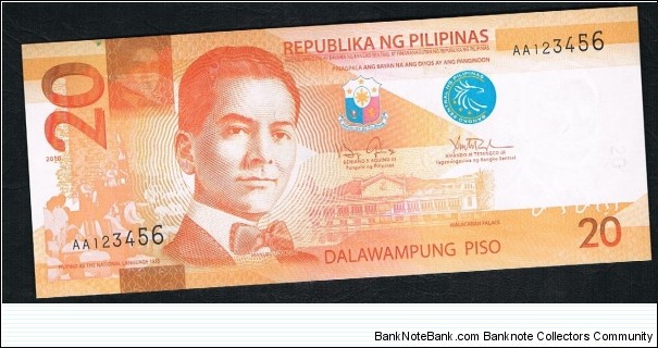 Philippine New Design 20 Pesos with Special Serial aa123456 Banknote