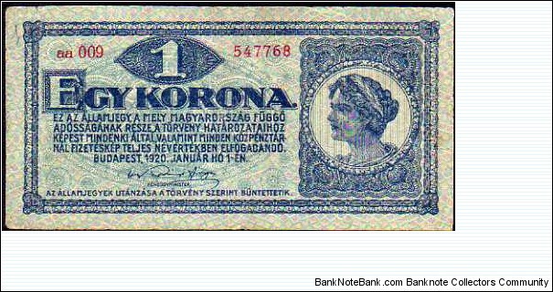 1 Korona / Krone / Coroana / Koruna / Kruna__pk# 57__01.01.1920 Banknote