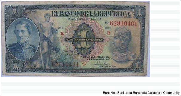 COLOMBIA BANKNOTE 

1 PESO ORO

BANCO DE LA REPUBLICA

YEAR: 1943

PICK-398c

CONDITION: CIRCULATED 

DATE: 20 de julio de 1943

SERIE R No.62910461

CAT:206

SPECIAL SALE
 Banknote