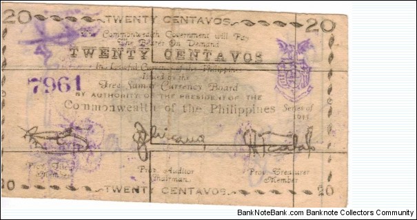 SMR-103 Free Samar Philippine 20 Centavo note. Banknote
