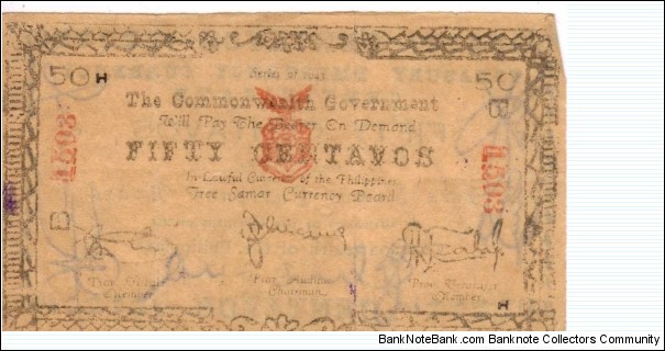 SMR-104 Free Samar Philippines Fifty Centavos note, prefix B. Banknote