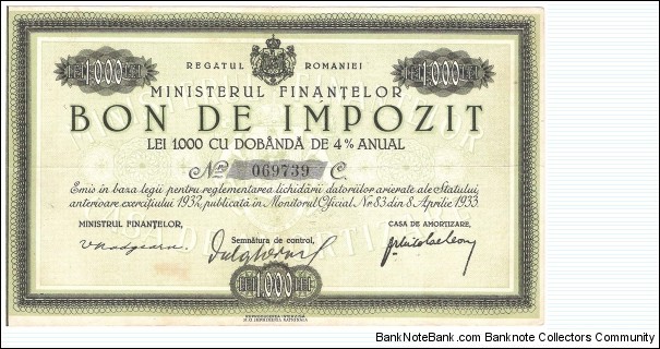 1000 Lei(Bon de Impozit/ Kingdom of Romania 1933) Banknote
