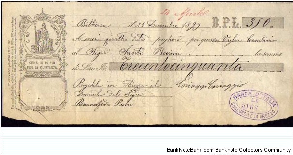 *Kingdom*__
Lire 350__
pk# NL__
Debt Securities (Promissory Note-B.P.L)__
24.12.1899__
Arezzo__
stamp 