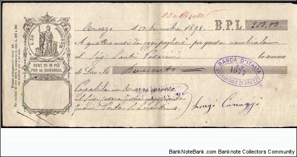 *Kingdom*__
Lire 200__
pk# NL__
Debt Securities (Promissory Note-B.P.L)__
23.12.1898__
Arezzo__
stamp 