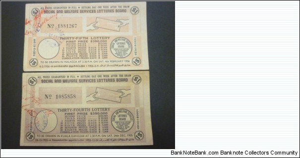 Lottery Malaya 1956 & 1957 -Rare Banknote