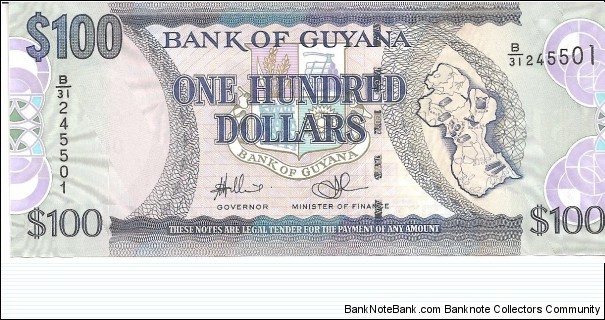 P36c - 100 Dollars
Watermark - 100
Sign 14
GOVERNOR - Lawrence Williams and MINISTER of FINANCE - Ashni Singh Banknote