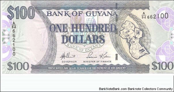P36a - 100 Dollars
Sign 13
GOVERNOR - Lawrence Williams and MINISTER of FINANCE - Saisnarine Kowlessar Banknote