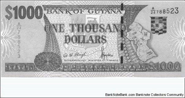 P35a - 1000 Dollars
Sign 11
GOVERNOR(ag) - Dolly Sursattie Singh and MINISTER of FINANCE - Bharrat Jagdeo Banknote