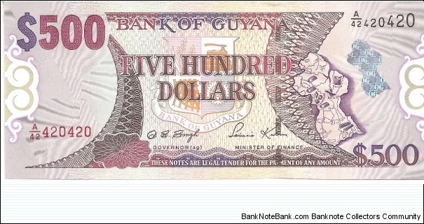 P34b - 500 Dollars
Sign 12
GOVERNOR(ag) - Dolly Sursattie Singh and MINISTER of FINANCE - Saisnarine Kowlessar Banknote