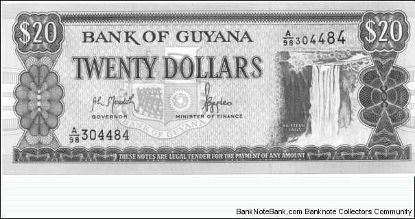 P30a - 20 Dollars
Sign 10
GOVERNOR - Archibald Livingston Meredith and MINISTER of FINANCE - Bharrat Jagdeo Banknote
